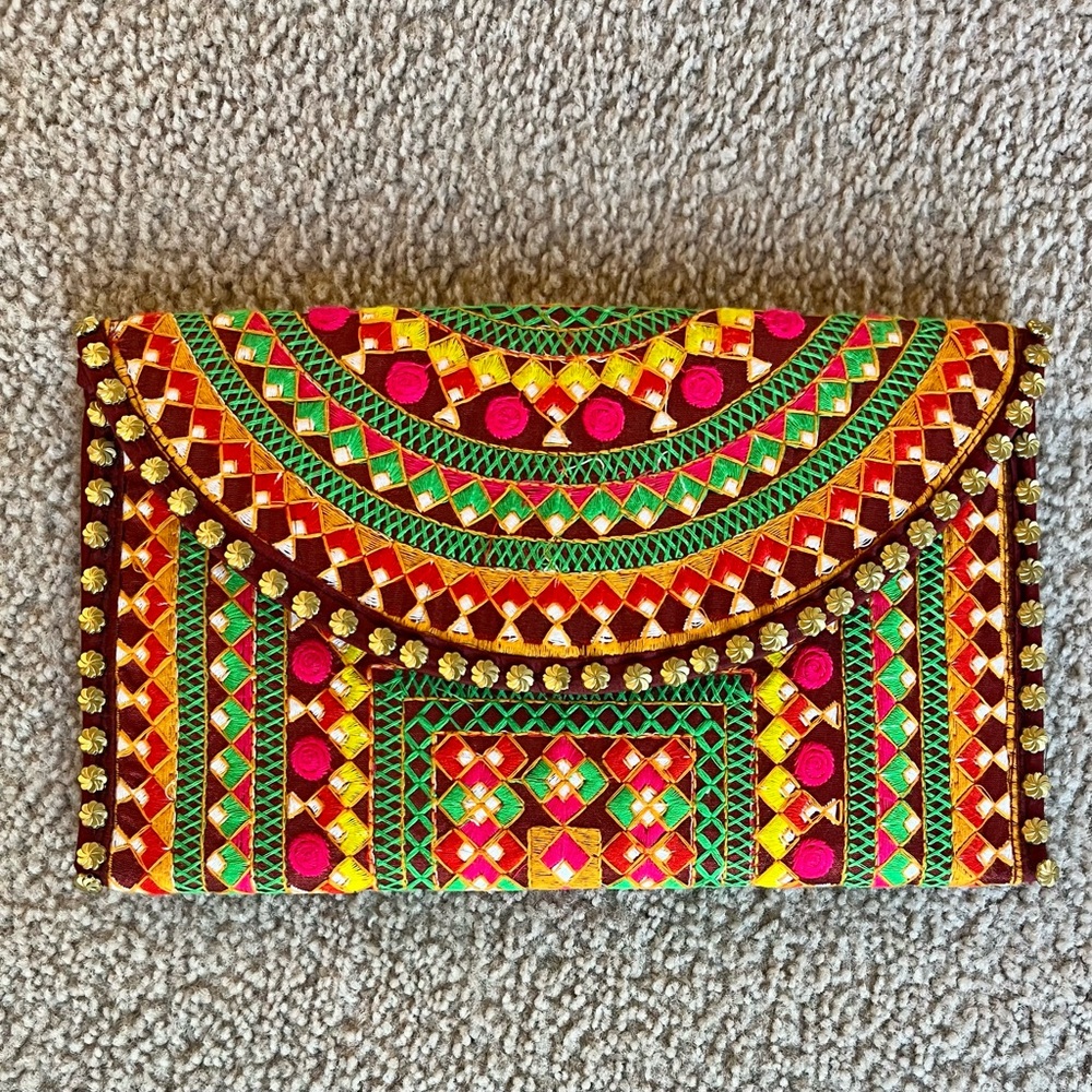 Embroidered Studded Multicolor Envelope Clutch